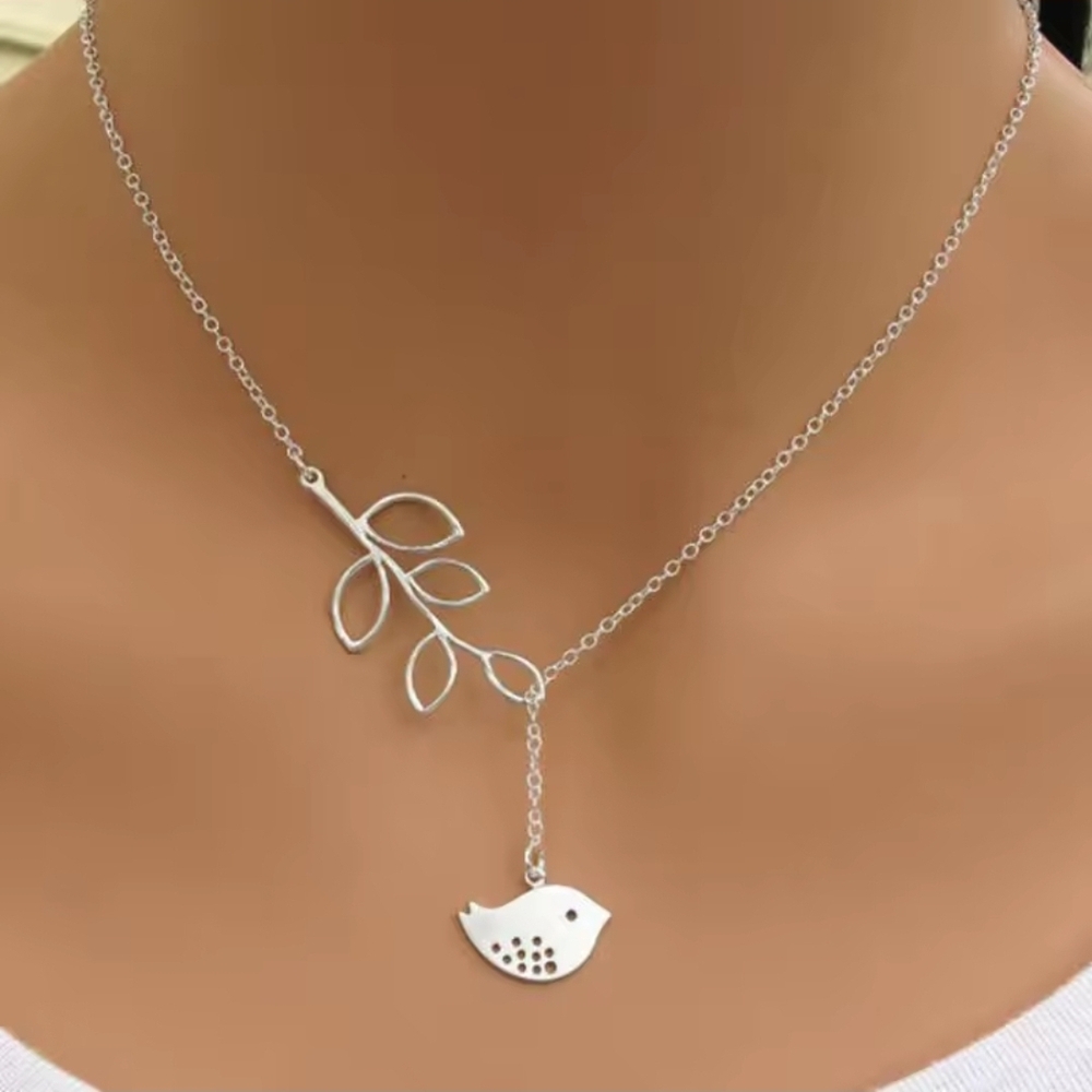 Dainty Silver Bird and Leaf Necklace